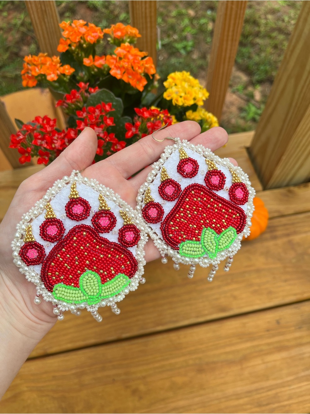 Earrings, Native American Jewelry, Strawberry, Bear, Hand Sewn Jewelry